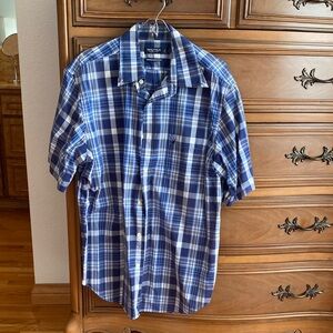 Nautica Blue and White Plaid Short-Sleeve Button-Down Shirt